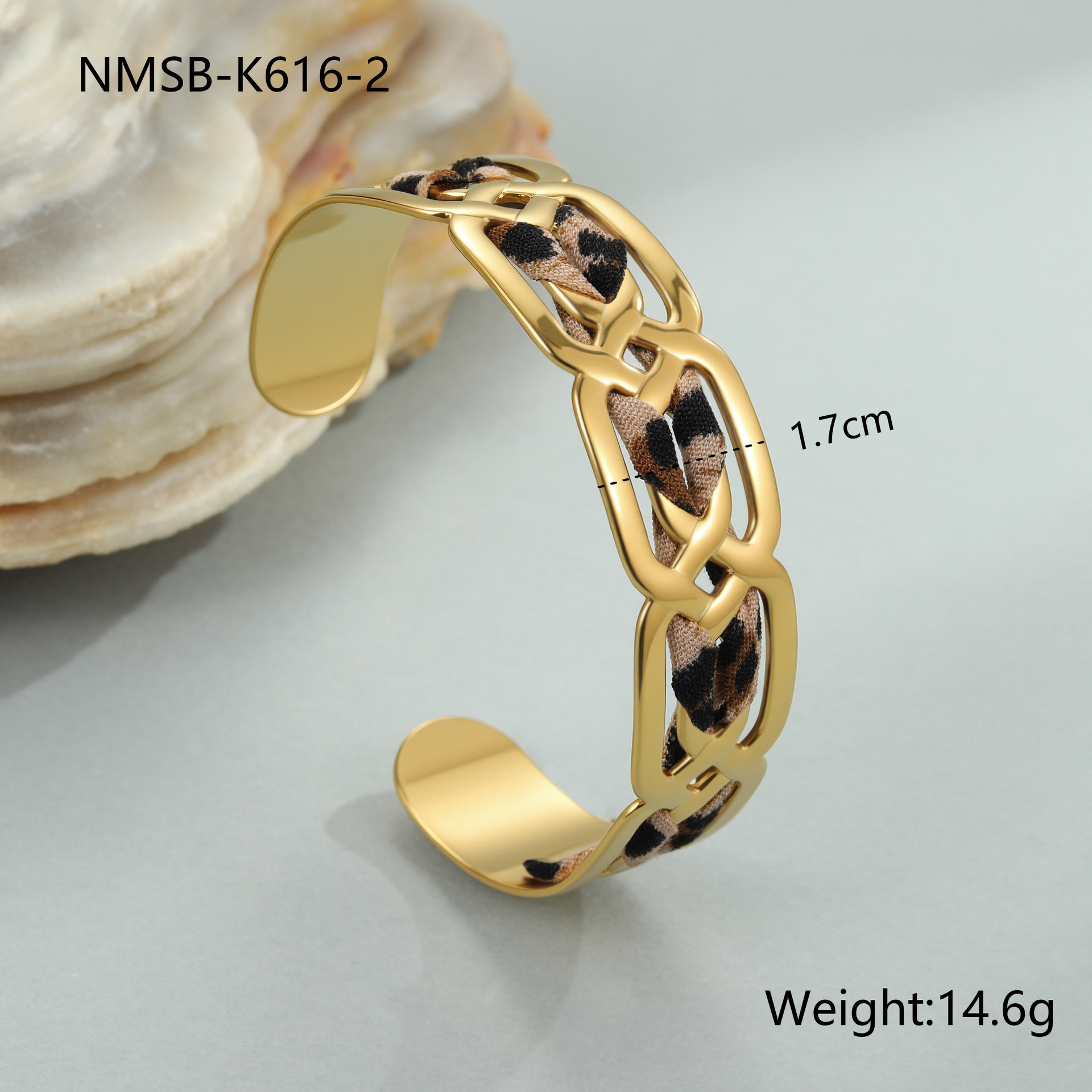 Stainless Steel Wide Open Bracelet With Leopard Print Ribbon Fashionable European Style Gold Plated Accessory For Women