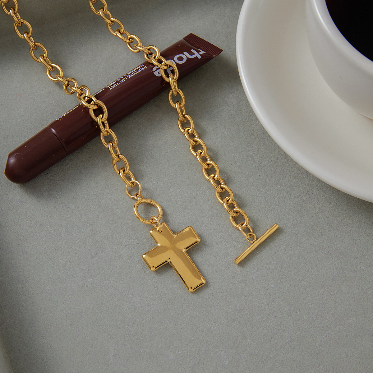 Women's Vintage Style 18K Gold Stainless Steel Smooth Cross Pendant OT Clasp Necklace 42CM