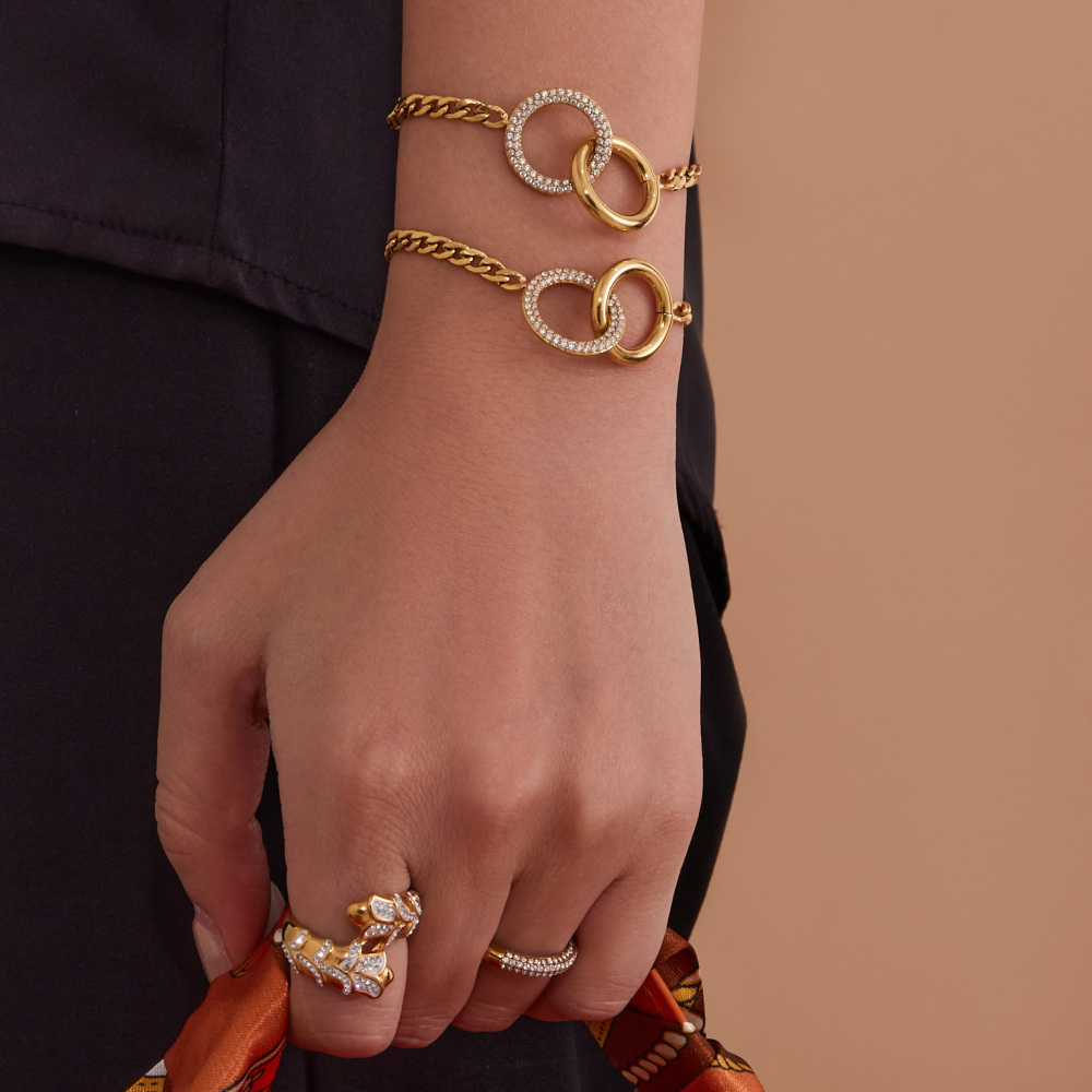 Stainless Steel Double Ring Zircon Necklace Bracelet 18K Gold Plated Fashionable Versatile Luxury Jewelry Accessories Set