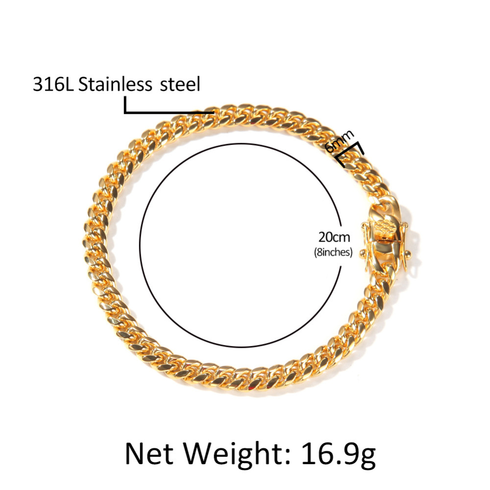 Fashion European And American Hip-Hop Gold-Plated Titanium Steel 6mm Cuban Necklace Men's 316L Stainless Steel Vacuum Electroplated Solid Color Bracelet Fashion Accessories Jewelry