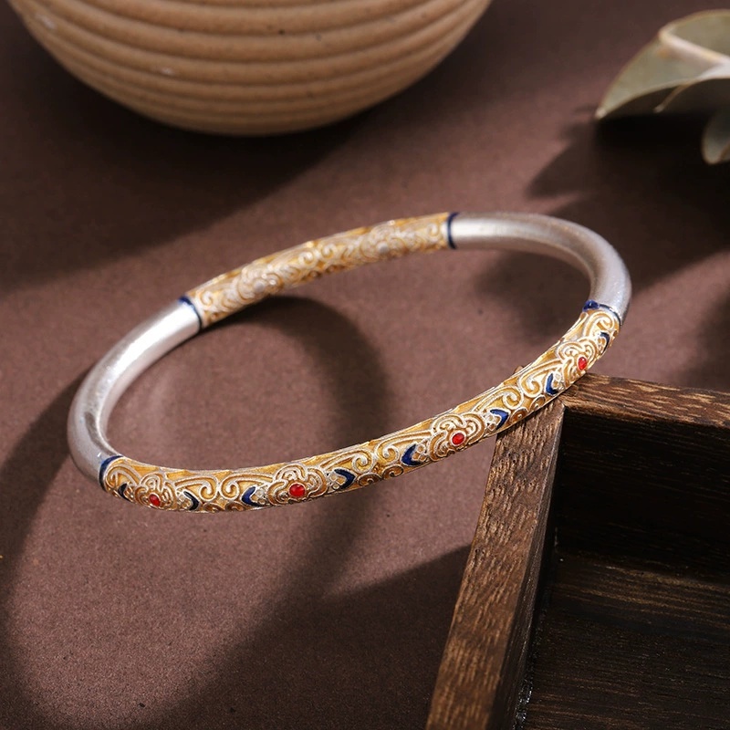 Universal Electroplated Silver-Plated Geometric Pattern Copper Bracelet Enamel Color Antique Pattern Fixed Ring Ruyi Flower Gold-Plated Bracelet Birthday Light Luxury Gift