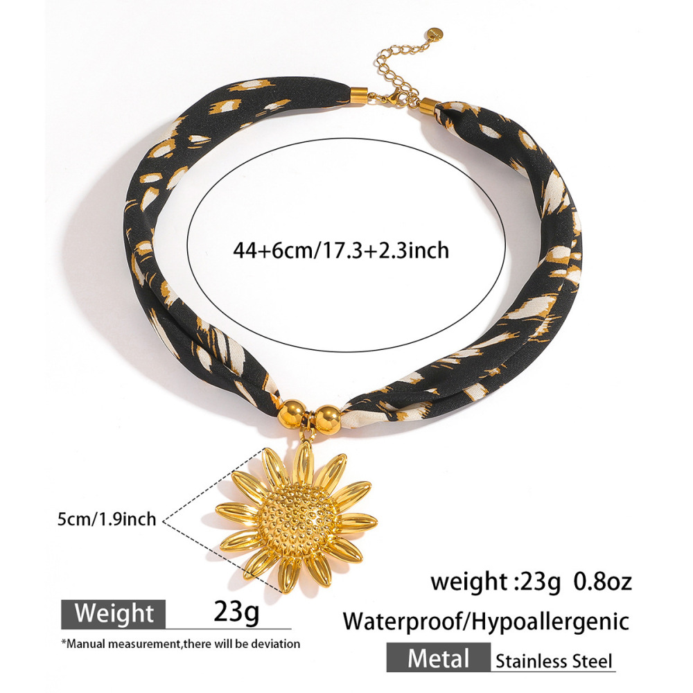 Myya  Stainless Steel Sun Flower Coin Pendant Clavicle Chain Necklace Leopard Pattern Fabric Bohemian Style