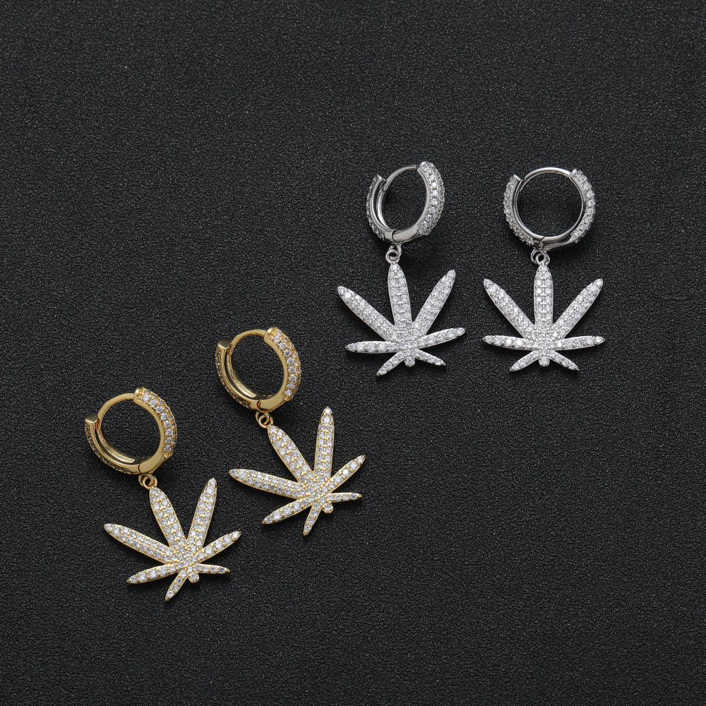 Leaf Shaped Zirconia Stud Earrings Hip Hop Personality Copper Jewelry For Men And Women  Style Fashion Accessories