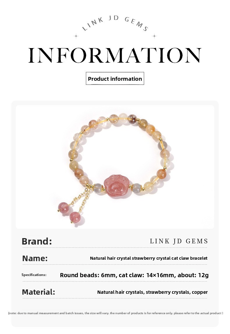 Natural Crystal Cat Paw Bracelet For Girls Cute Tassel Accessories Strawberry Crystal Hair Jewelry Crystal Animal Pattern Jewelry