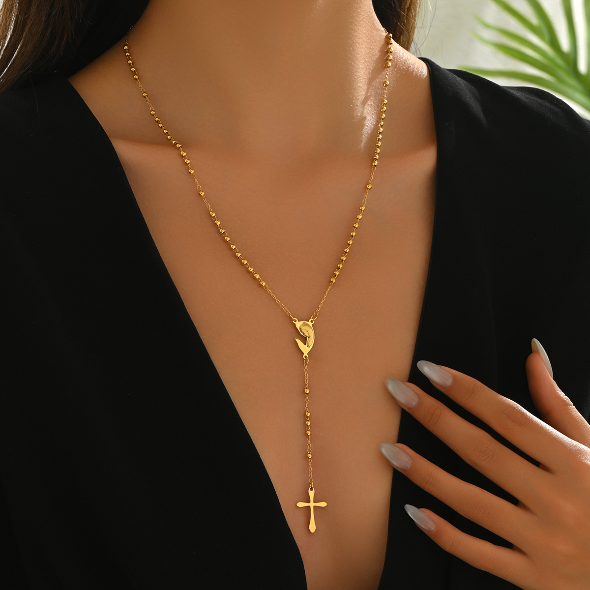 Long Y-Shaped Stainless Steel Cross Pendant Necklace Women's Party Jewelry Fashionable Tassel Design Suitable For Daily Wear