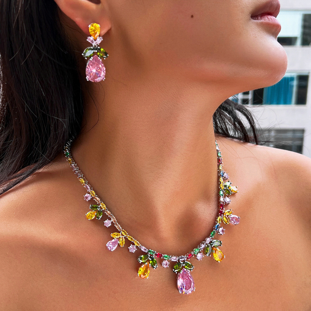 2 Piece Women's Rainbow Cubic Zirconia Necklace Set Chunky Statement Bridal Party Jewelry Gift With Waterdrop Flower Design