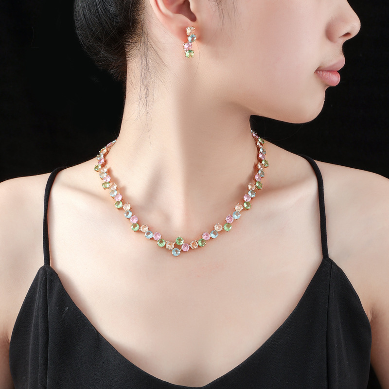 Wedding Necklace Earring Set Women's Bride Jewelry Accessories  Style Zirconia Geometric Pattern Luxury Fashion