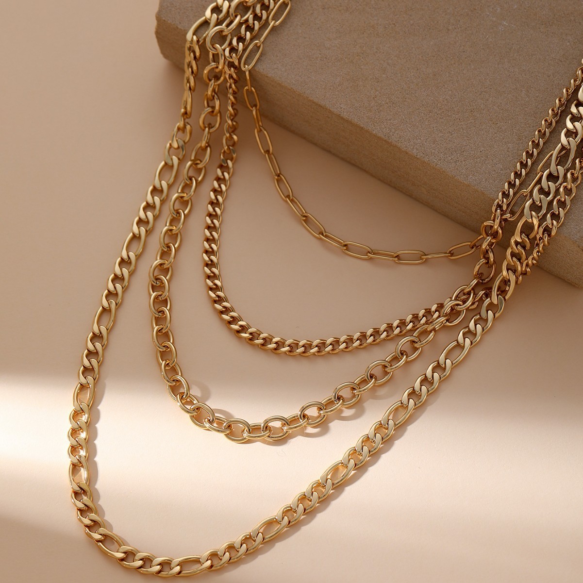 Amazon Cross-Border New Multi-Layer Cuban Paperclip Chain Necklace UV Electroplated 18K Real Gold Fashion Versatile Geometric Collarbone Chain Necklace