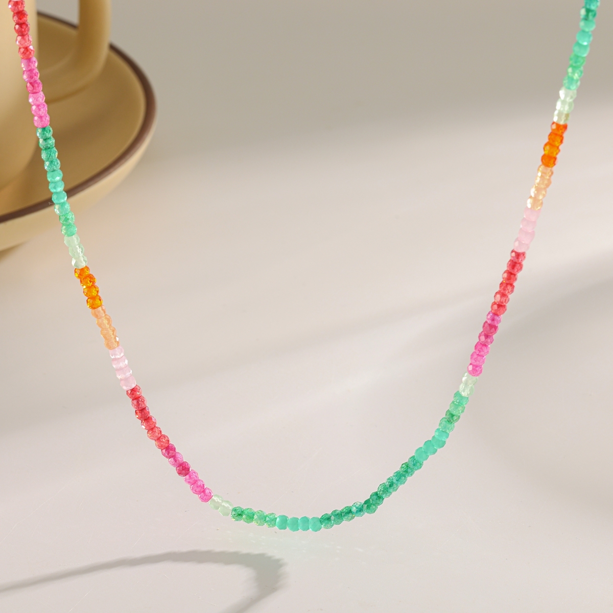 304 Stainless Steel Zircon Geometric Pattern Vacuum Plating (In Furnace) 18K Real Gold Plated Beaded Chain Lobster Clasp Colorful Gold Necklace For Women Elegant Basic Style (Simple Design) Novel Design