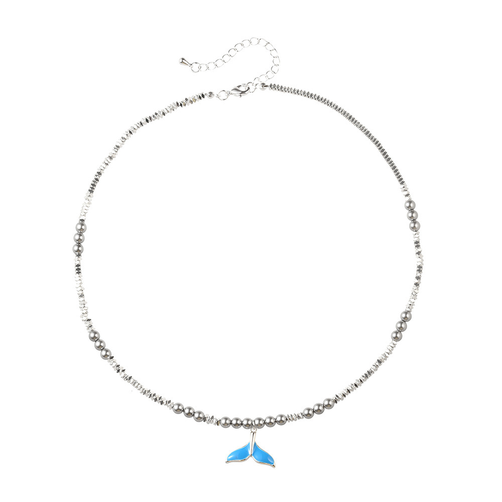 Elegant French Style Pearl Fish Tail Necklace Women's Luxury Minimalist Silver Dust Lockbone Chain Geometric Pattern Fashion Jewelry