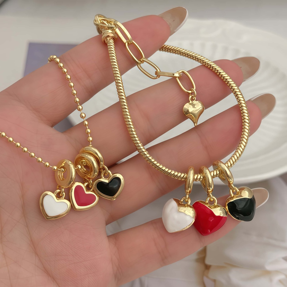 1 Set Of Heart Bracelet And Necklace Jewelry Suitable For Men And Women Couples Friends To Wear Copper Plated With 18K Gold Oil Drop Fashionable And Beautiful