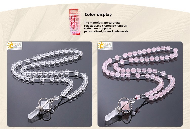 Natural White Crystal Column Long Necklace Merkaba Stone Bead Women's Sweater Chain Autumn Winter Versatile Simple Style Copper Accessories