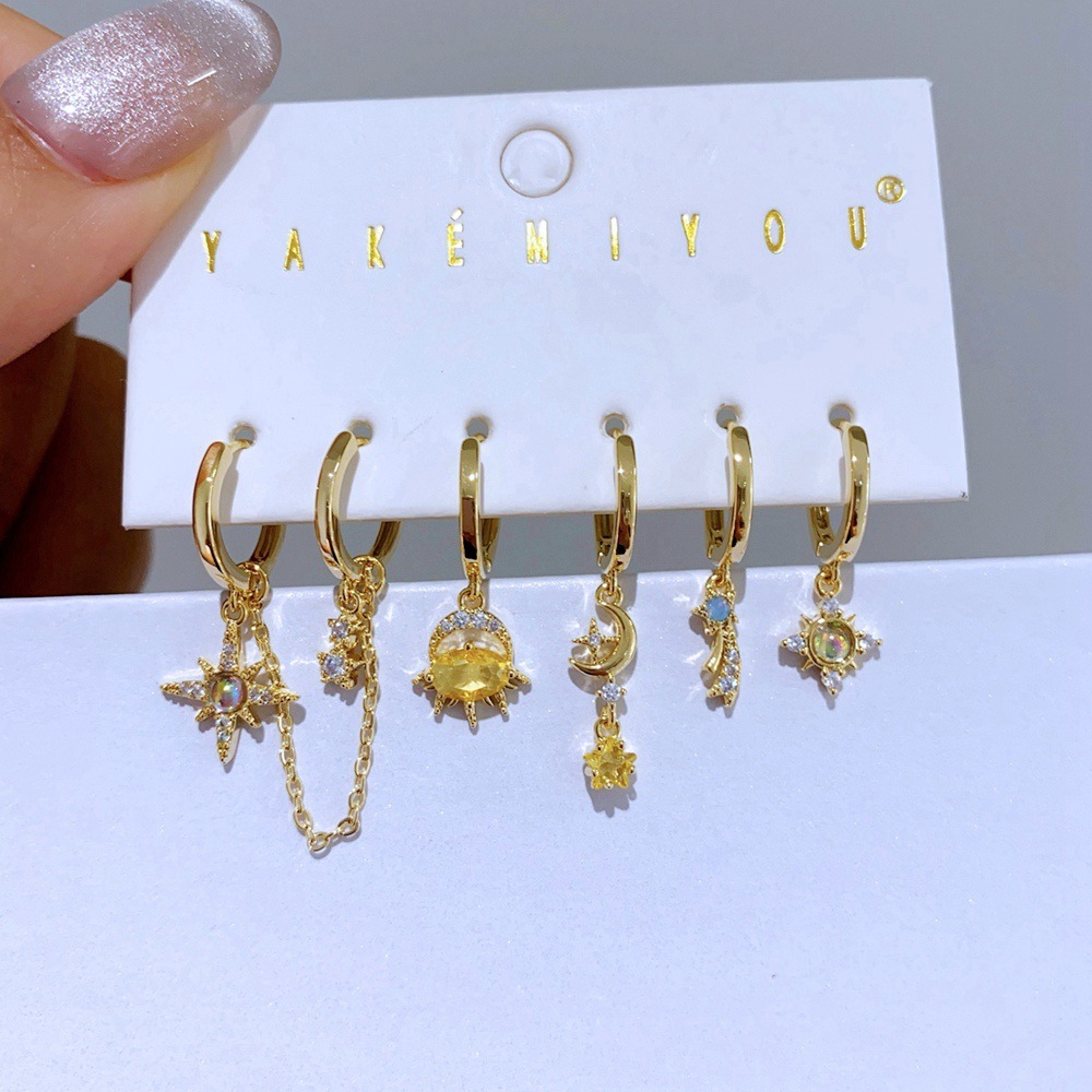 Yellow Zircon Ear Clip Set Luxury 6-piece Set Grid Ladies Jewelry Accessories Star Copper Material