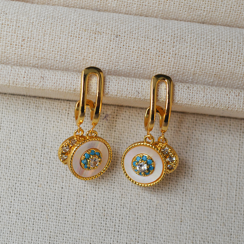 White Mother-of-Pearl Turkish Eye Zirconia Sparkling Diamond 925 Silver Needle Earrings Women's Jewelry Accessories Hoop Earrings