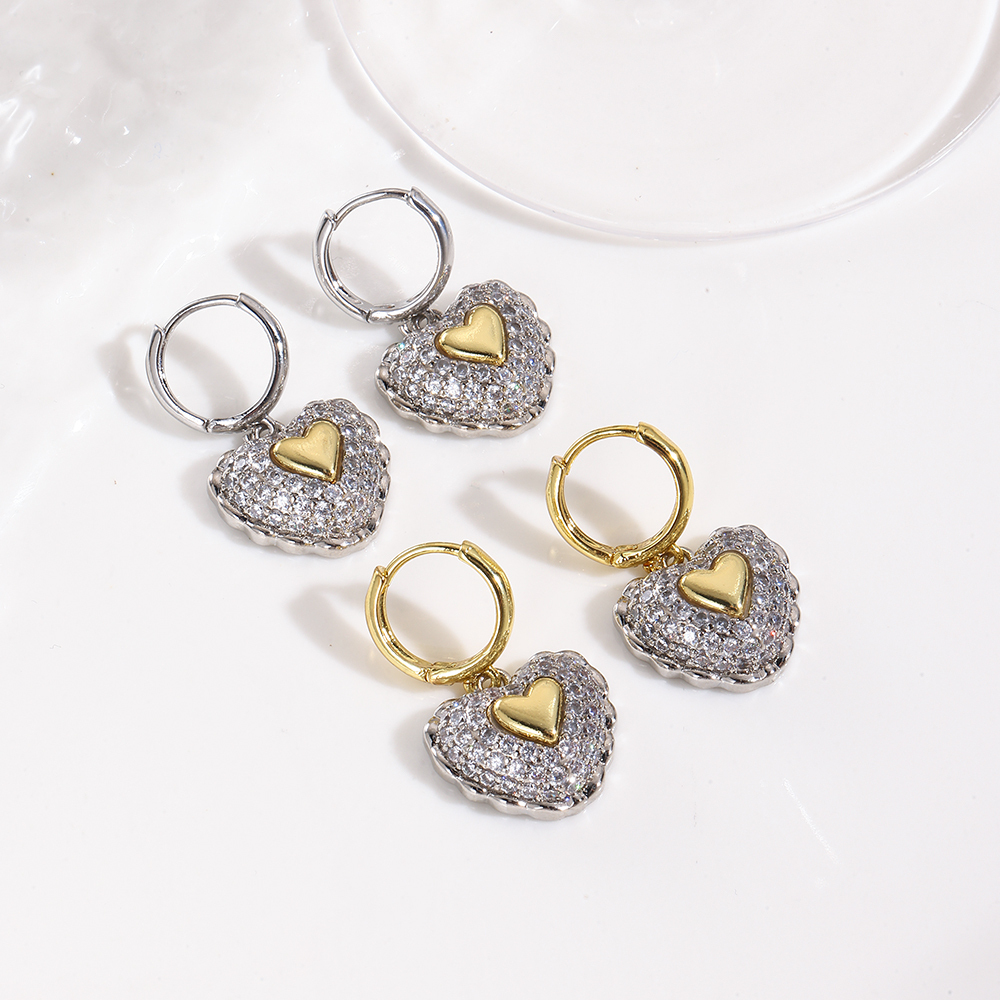18K Gold Plated Smooth Color-Retaining Full Zirconia Two-Tone Heart-Shaped Dangle Earrings Ear Clips Ear Jewelry