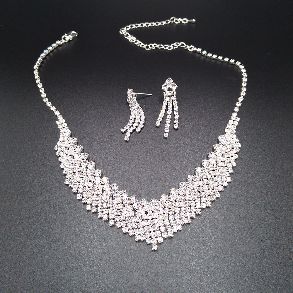 Exquisite Full Drill Claw Chain Evening Wedding Jewelry Earrings Necklace Set Fashionable Welding Accessories Elegant Round Oval Plated