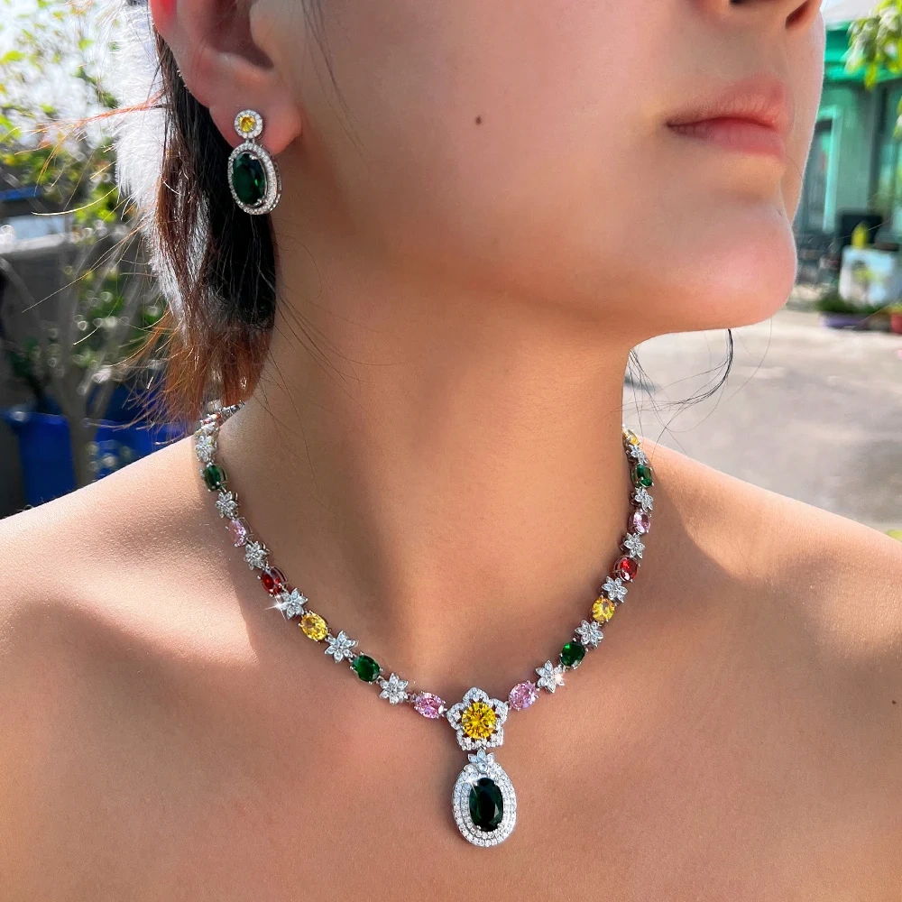 Water Plated White Gold Inlaid Colorful Zircon Flower Design Women's Wedding Jewelry Two-Piece Set Waterproof Non-Fading Tennis Chain
