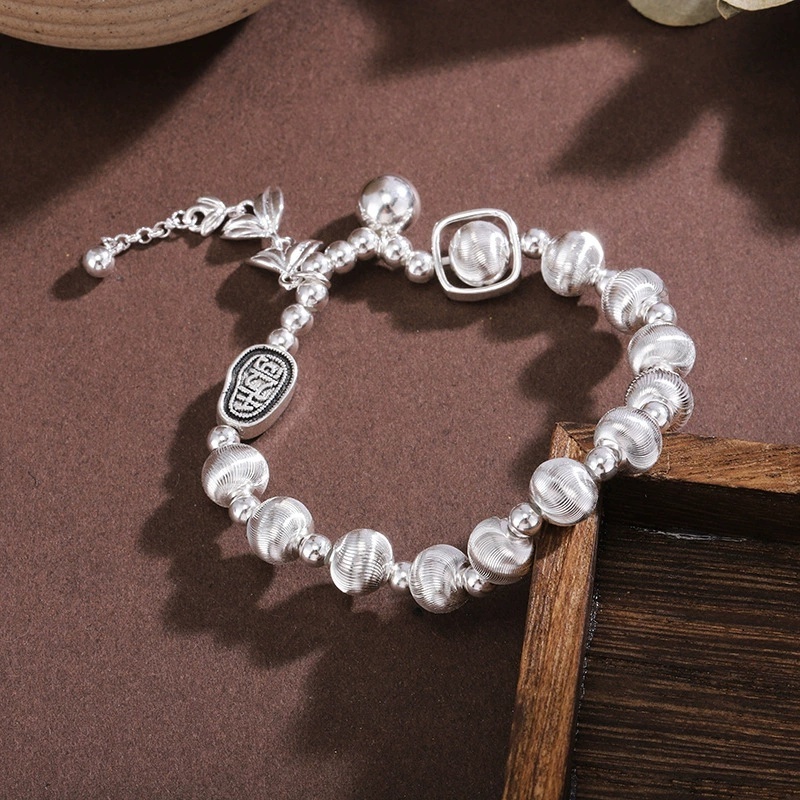 White Copper Silver-Plated Bracelet 0kg Wheat Spike Lucky Cat Eye Beaded Bracelet Light Luxury Niche Retro Design Exquisite
