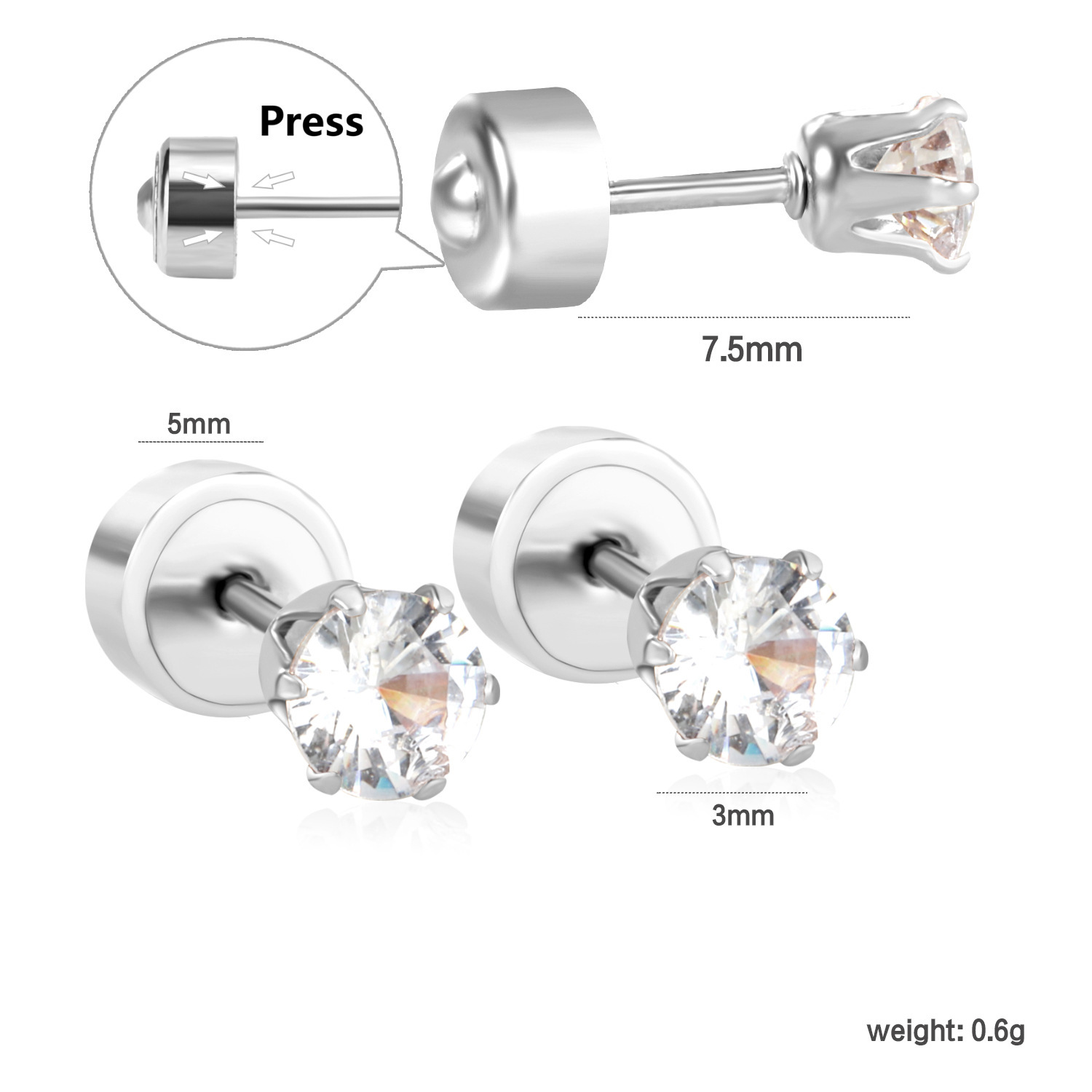 Fashionable Stainless Steel Round Diamond Stud Earrings Compact Simple Design Geometric Pattern New Style Women's Jewelry