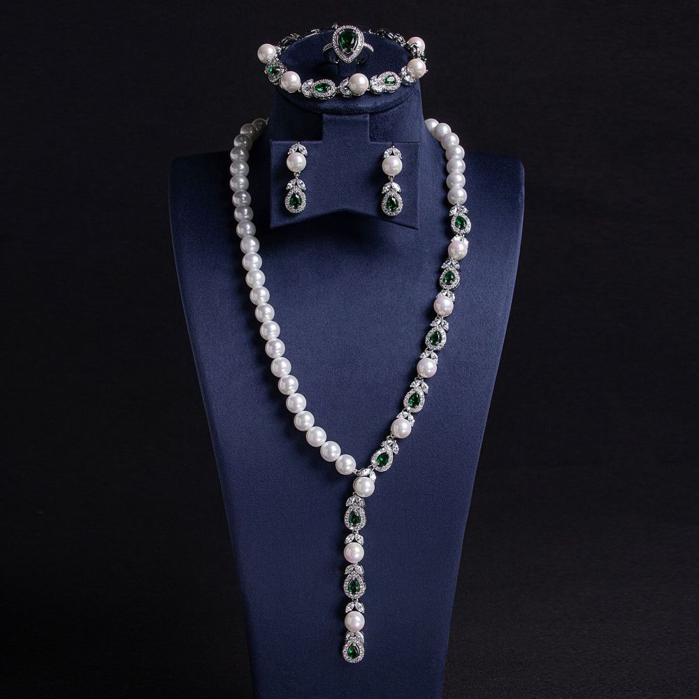 Luxurious Pearl Necklace And Earring Set Full Of Zirconium Stones For Banquet Elegant Accessories Wedding Jewelry