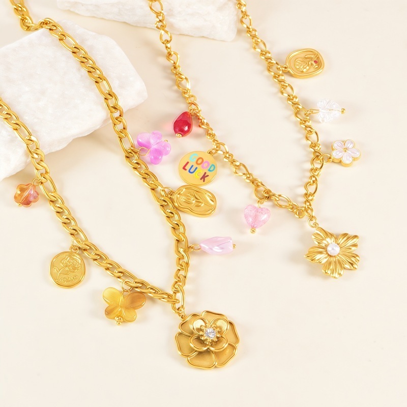 304 Stainless Steel Rose Flower Butterfly PVD Coated 18K Real Gold Plated Elegant Classic Style Waterproof Non Tarnish Plating Lobster Trigger Clasp Closure Multi Charms Necklace