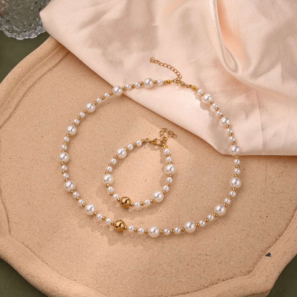 Women's 304 Stainless Steel Imitation Pearl Beaded Chain Polishing Irregular Round Bracelets Necklace Jewelry Set Imitation Pearl Jewelry