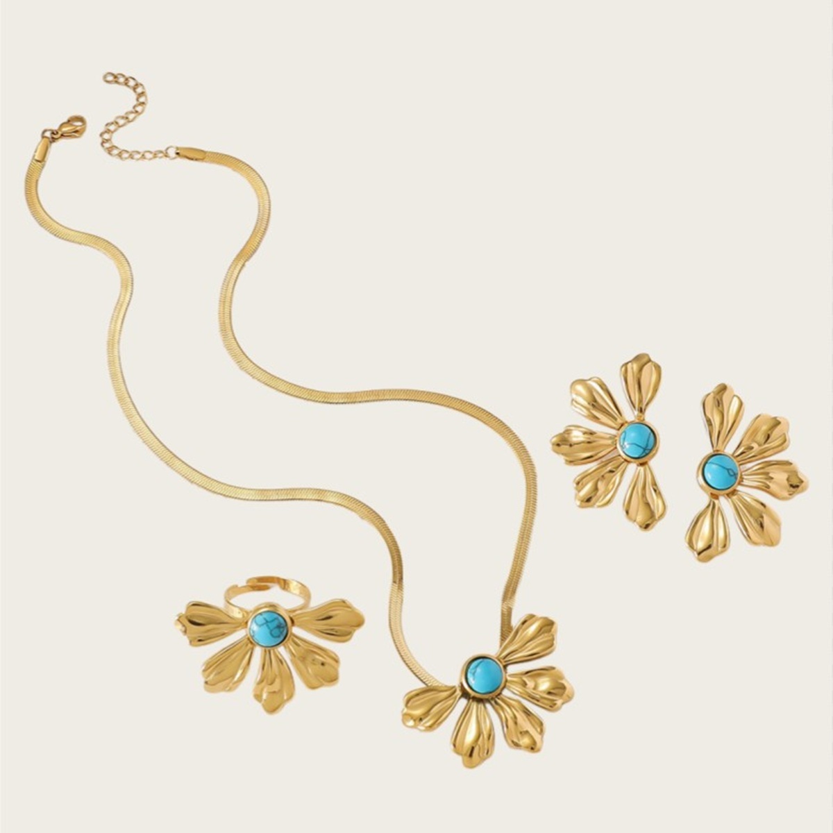 Stainless Steel 18K Vacuum Gold Plated Personality Trendy 18K Water Drop Petal Shape Blade Chain Necklace Titanium Steel Three-Piece Jewelry Set Women's Jewelry Accessories