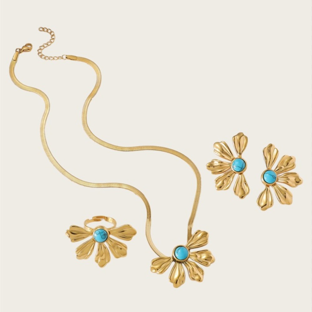 Stainless Steel 18K Vacuum Gold Plated Personality Trendy 18K Water Drop Petal Shape Blade Chain Necklace Titanium Steel Three-Piece Jewelry Set Women's Jewelry Accessories