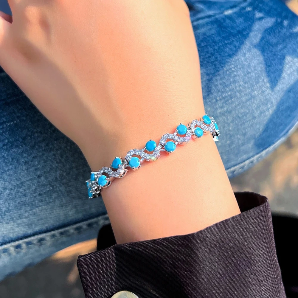 1 Copper Bracelet Luxury Round Blue Turquoise And Zircon Twist Design Bracelet Suitable For Women Party/Engagement/Wedding Jewelry Gift