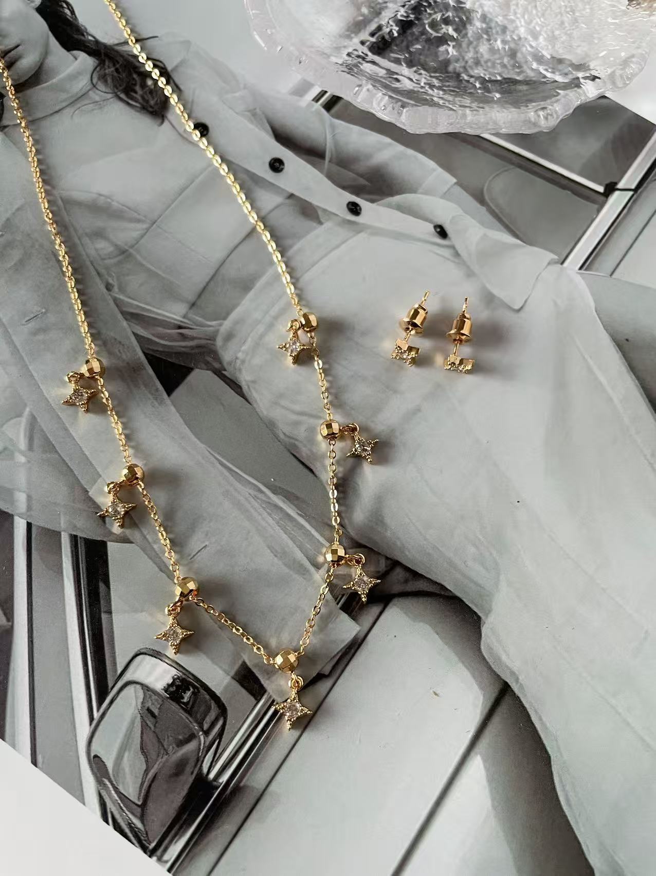 Star Pendant Inlaid With Zirconia, 18K Gold Plated, Vacuum Electroplating Accessories, Simple Adjustable Necklace And Earring Set For Women