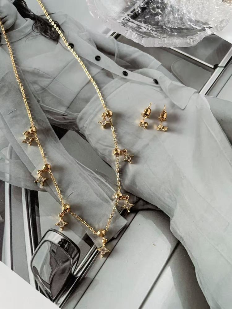 Star Pendant Inlaid With Zirconia, 18K Gold Plated, Vacuum Electroplating Accessories, Simple Adjustable Necklace And Earring Set For Women