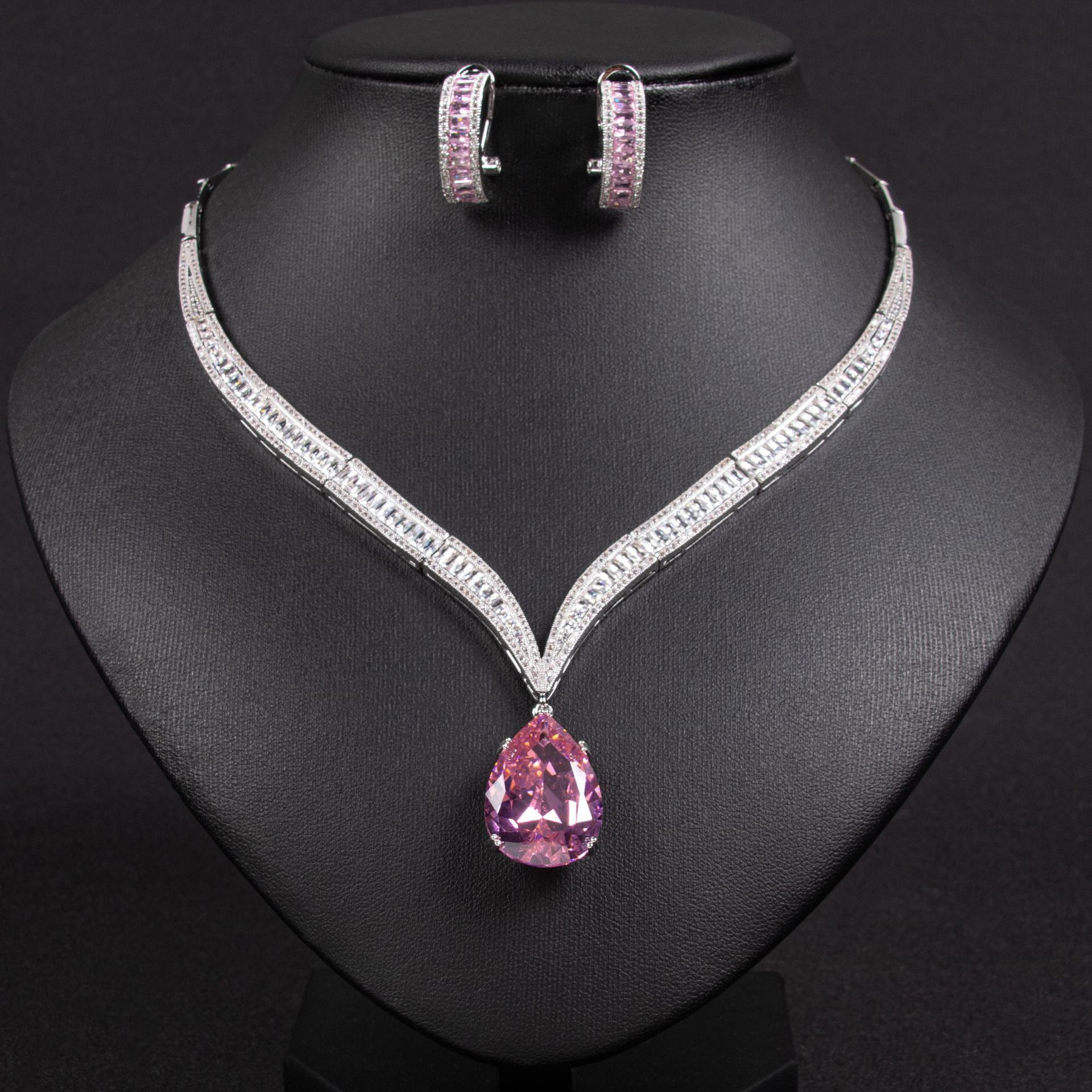 Elegant Waterdrop Zirconia Clavicle Necklace Jewelry Set Bridal Luxury Wedding Accessories Copper Material Cold Style For Women