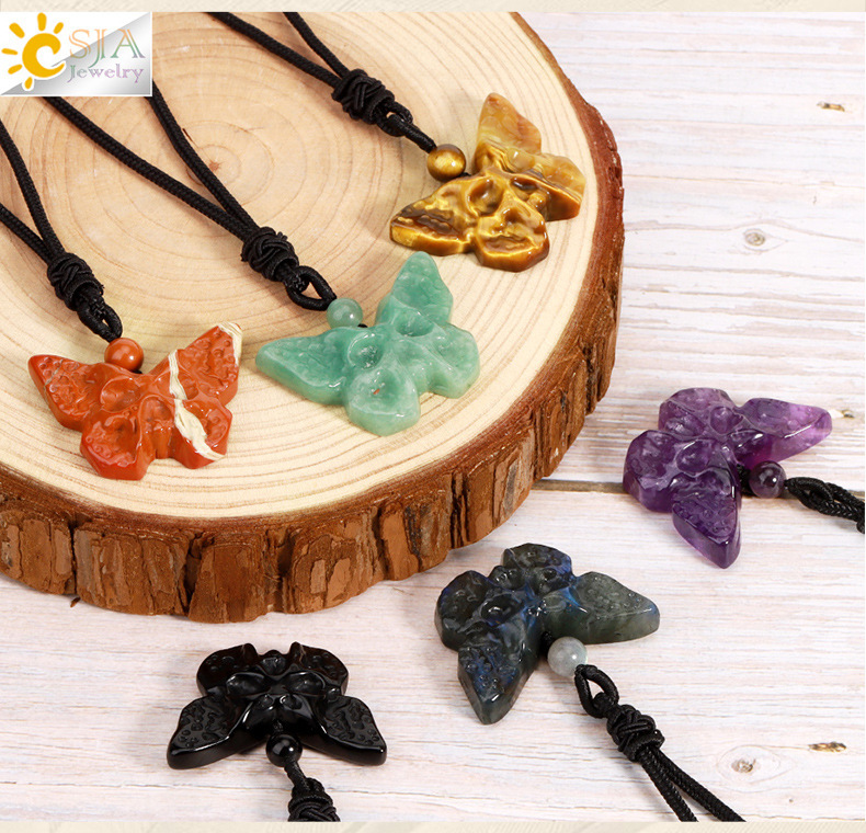 Elegant Retro Style Butterfly Natural Stone Rope Woven Chain Pendant Necklace Wholesale Carved Grimace Semi-Precious Crystal Halloween Theme Jewelry Accessories