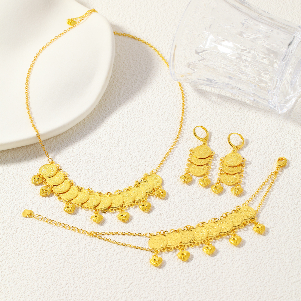 4pcs Middle Eastern Fashion Retro Heart Pendant Gold Coin Jewelry Set, Suitable For Daily Wear At Parties And Banquets, Holiday Gift