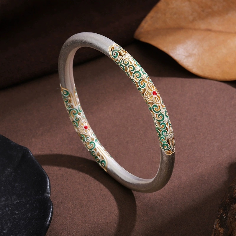 Universal Electroplated Silver-Plated Geometric Pattern Copper Gold-Plated Ancient Enamel Color Curly Grass Pattern Hollow Closed Solid Bracelet For Women National Style Light Luxury Gift