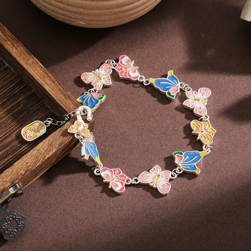 Silver-Plated Bracelet Enamel Butterfly Joy Gold-Plated Vintage Copper Geometric Pattern Bracelet New Chinese Style National Trend Exquisite Handmade Girlfriend Gift