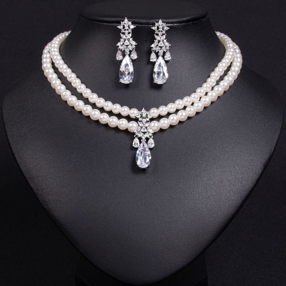 Double Layer Pearl Zircon Necklace Set With Waterdrop Earrings For Banquet Dresses  Style Jewelry Accessories