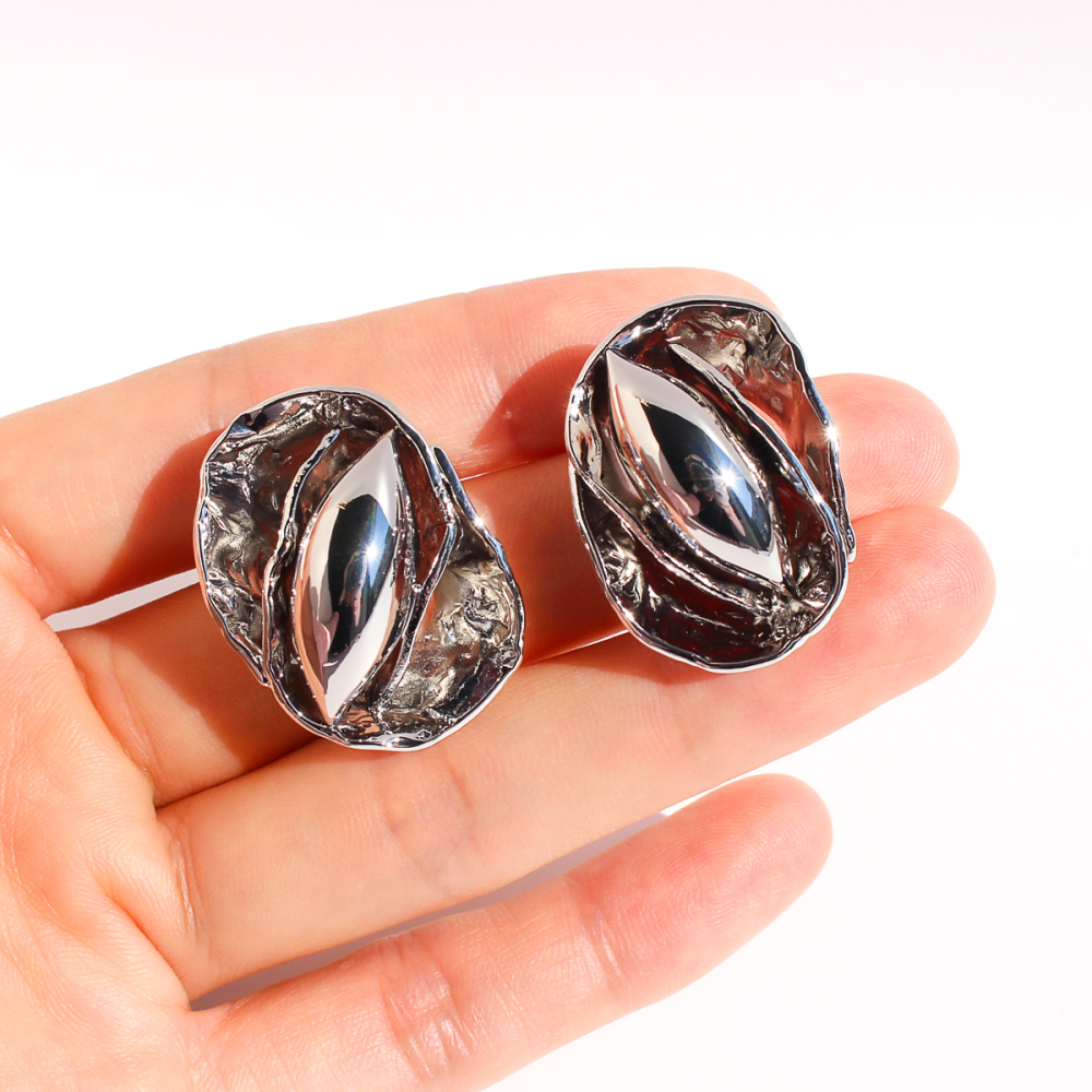 Handmade Wrinkled Hammered Pattern Bud Seed Exaggerated Earrings Unique Oval Personality Stud Earrings Women's Fashion Jewelry 1076