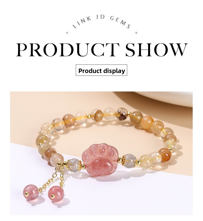 Natural Crystal Cat Paw Bracelet For Girls Cute Tassel Accessories Strawberry Crystal Hair Jewelry Crystal Animal Pattern Jewelry