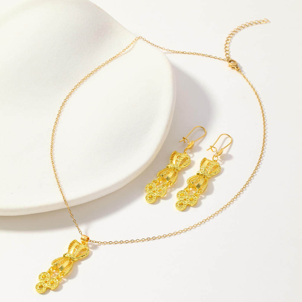 3pcs Fashion Personality Bowknot Copper Coin Pendant Necklace Earrings, Suitable For Daily Wear, Parties, And Holiday Gifts