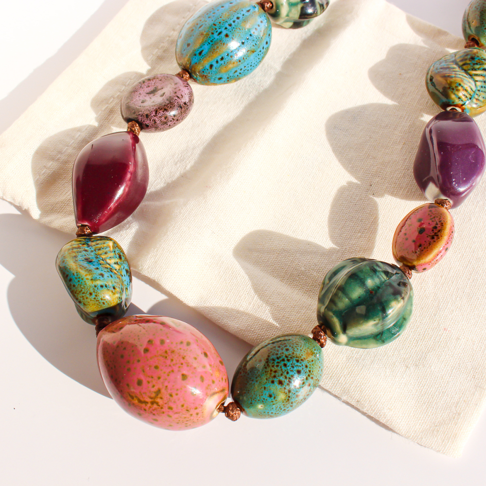 Art Oil Painting Color Plated 24K Real Gold Contrast Old Ceramic Handmade Beaded Necklace Women's Accessories 766