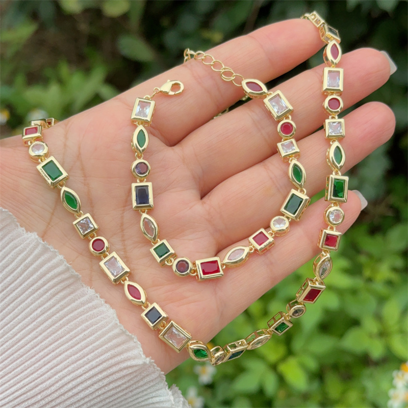 Wholesale Jewelry Classic Style Geometric Copper Zircon 18K Gold Plated Bracelets Necklace Jewelry Set Italian Charm & Links