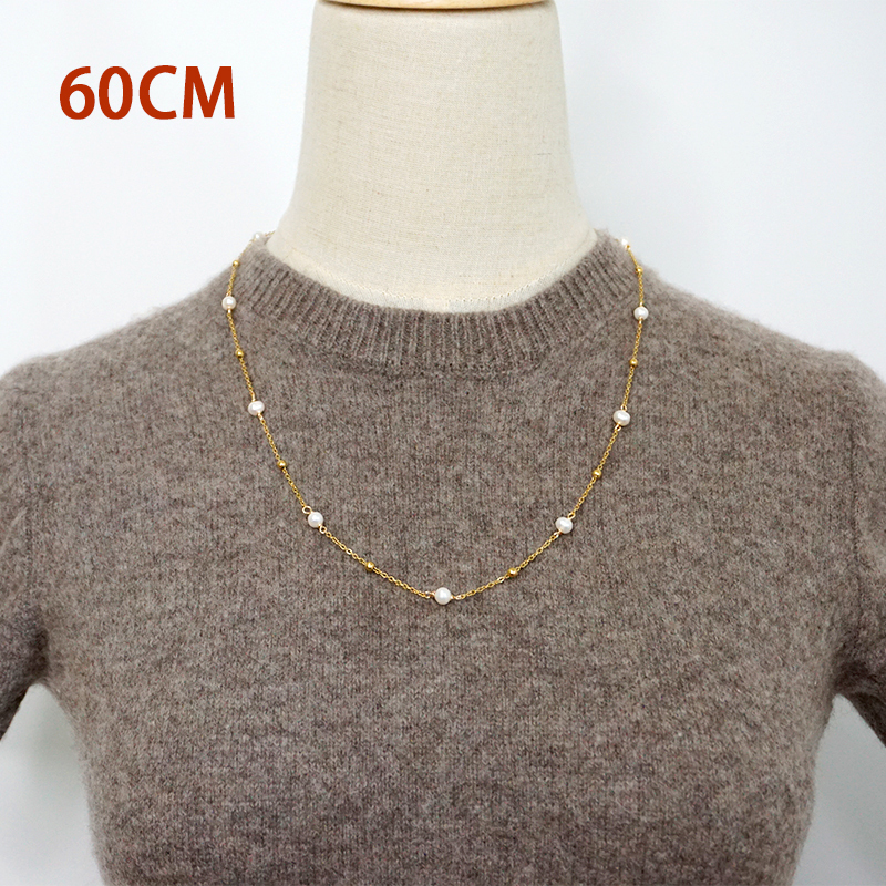 Freshwater Pearl Ferroalloy Round Vacuum Plating Gold Plated Simple Style Classic Style Waterproof Non Tarnish Beaded Plating Gold Sweater Chain Long Necklace