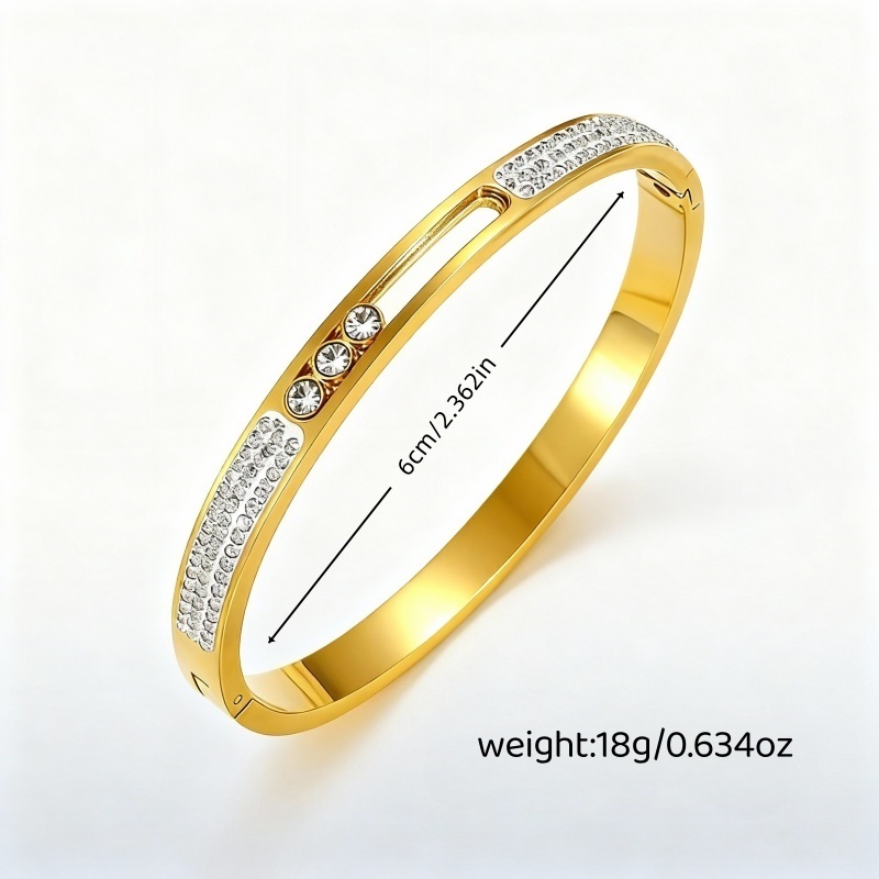 High-Quality Shiny Fashion 3-Sliding Stone Inlaid 18K Plated Geometric Women's Versatile 304 Stainless Steel Bracelet