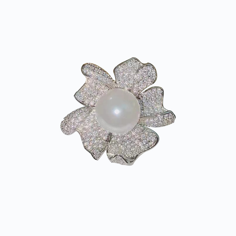 Pearl Ring Women's Adjustable Open Full Diamond French Retro Floral Design Ring