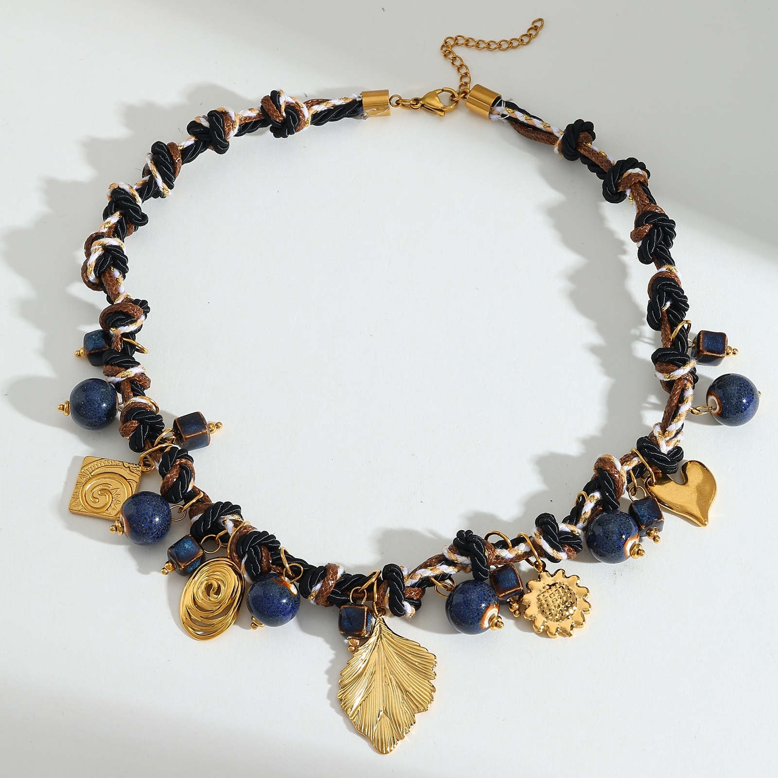 Wholesale Jewelry Casual Elegant Classical Leaf Cherry Heart Shape 304 Stainless Steel 18K Gold Plated PVD Coated Plating Silk Scarf Cord Cloth Strip Necklace