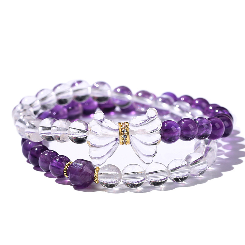 JD Jewelry Double Ring Bracelet Natural Amethyst White Crystal Bow Simple Style Fashion Sweet Style Women's Accessories