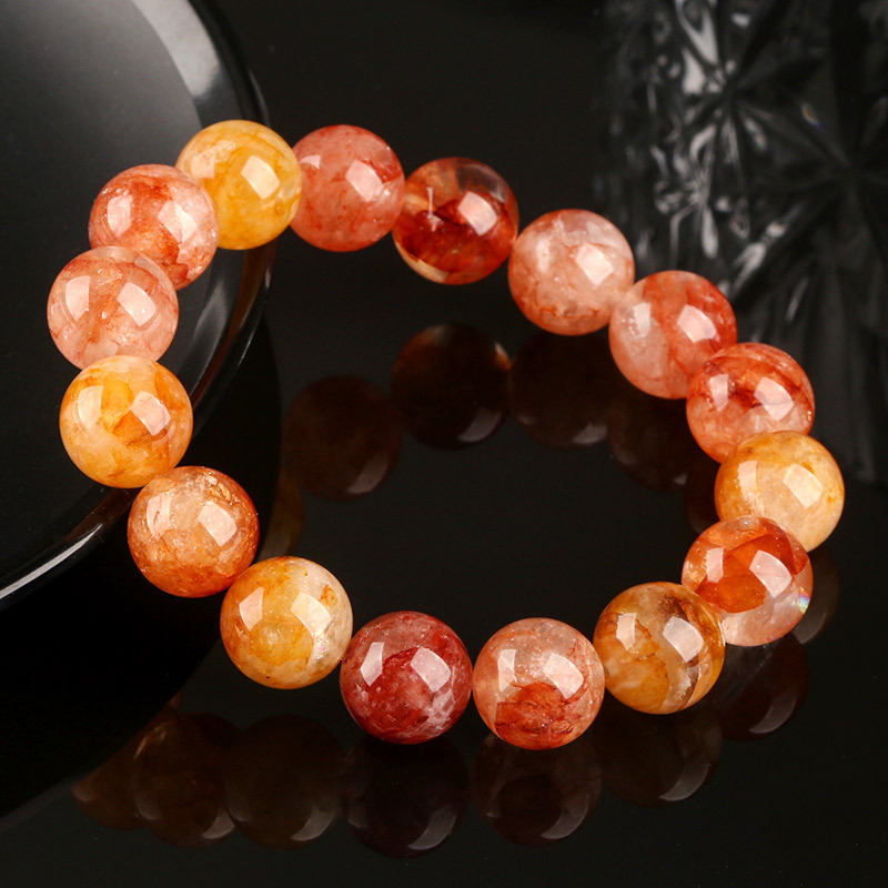 Natural Crystal Flower Bracelet Lucky Phoenix Feathers Red And Yellow Geometric Pattern Polished Round Beads Unisex Bracelet