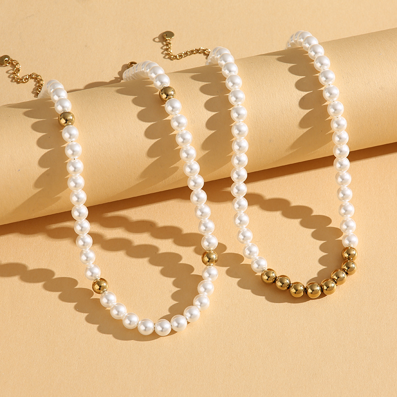 PVD Coated Real Gold Plated 18K Gold Round 304 Stainless Steel Glass Pearl Simple Style Classic Style Waterproof Non Tarnish 304 Stainless Steel Glass Pearl Necklace