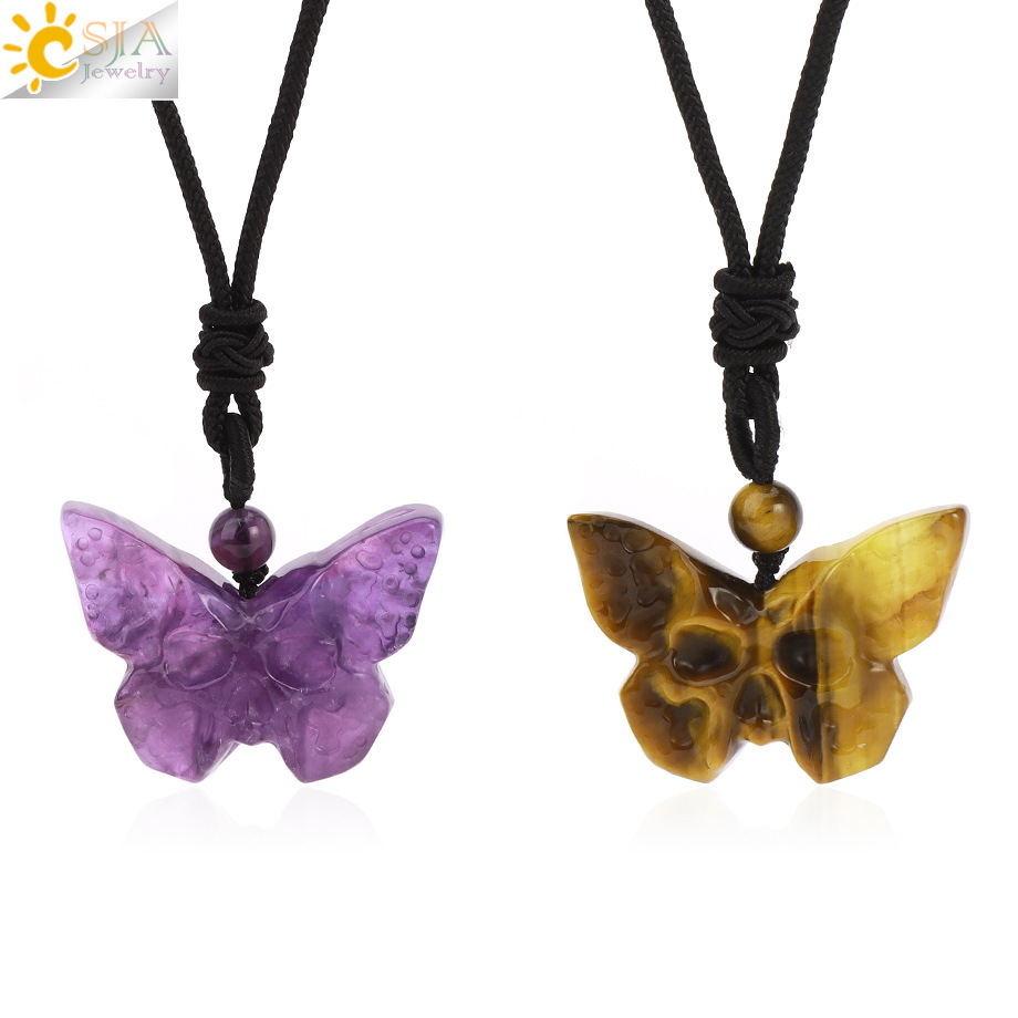 Elegant Retro Style Butterfly Natural Stone Rope Woven Chain Pendant Necklace Wholesale Carved Grimace Semi-Precious Crystal Halloween Theme Jewelry Accessories